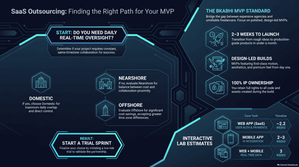 Flowchart helping founders decide between domestic, nearshore, and offshore MVP outsourcing.