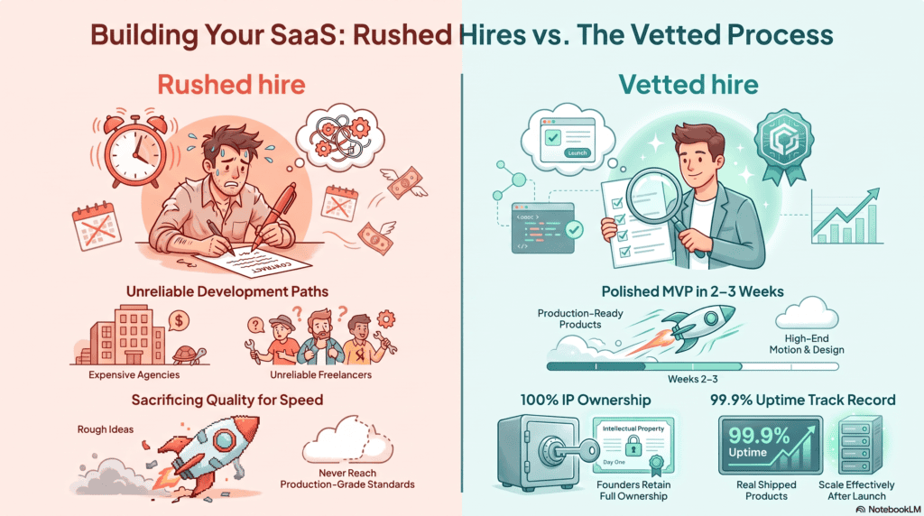Infographic comparing a rushed MVP developer hire against a properly vetted hire