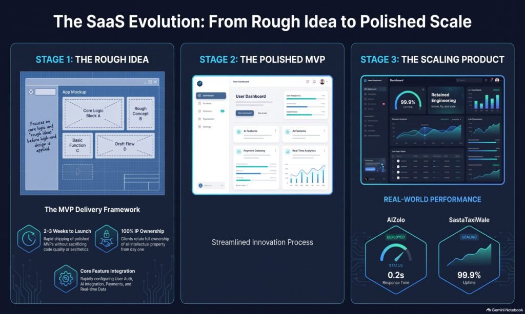 Three-panel graphic showing a generic product's evolution from MVP to full product